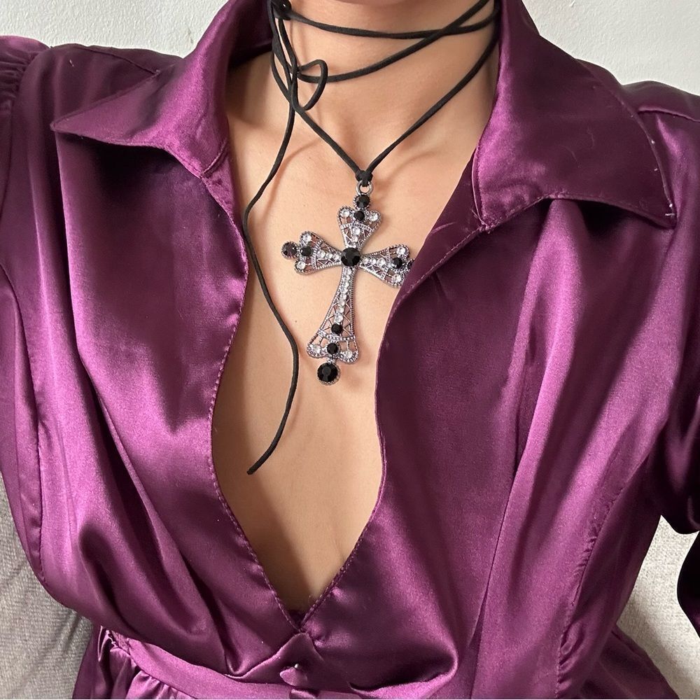 Y2k gothic oversized cross necklace on black cord